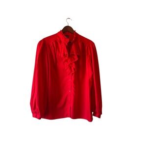 Vintage Red Ruffle Jabot Blouse Lace Trim Long Sleeve Top Victorian XLarge‎